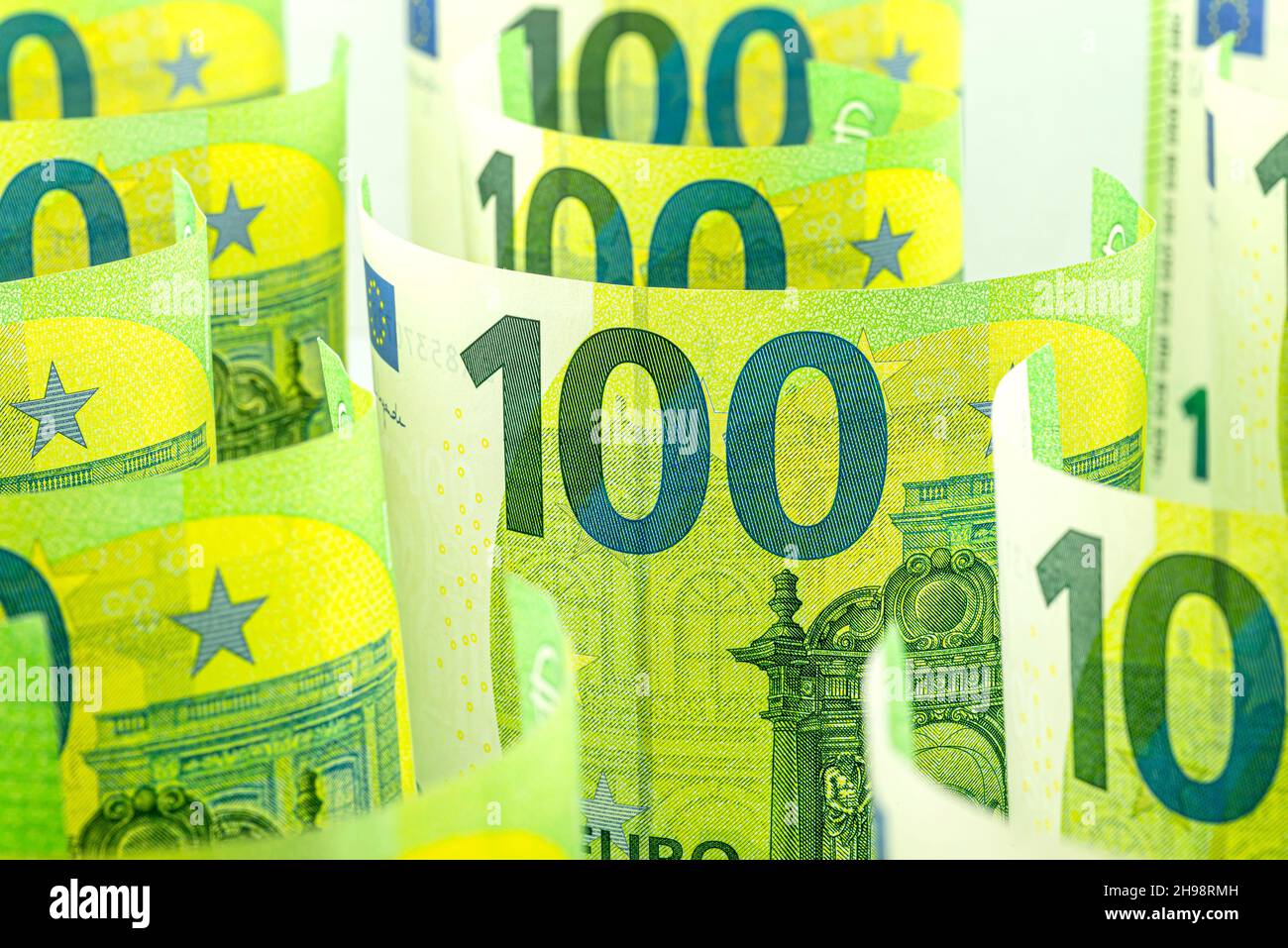 Macro photo of the European Union 100 EURO banknote, banknotes rolled ...