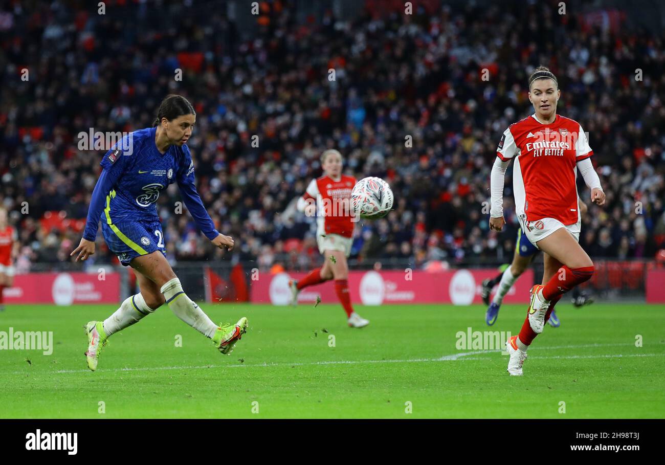 London, UK. 5th Dec, 2021. Sam Kerr of Chelsea lifts the ball over the advancing keeper to score their third goal during the The Women's FA Cup match at Wembley Stadium, London. Picture credit should read: David Klein/Sportimage Credit: Sportimage/Alamy Live News Stock Photo