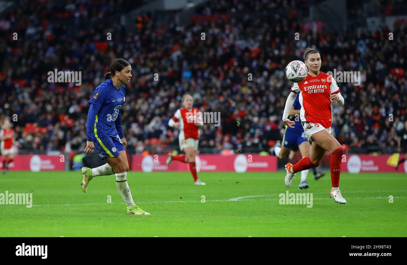London, UK. 5th Dec, 2021. Sam Kerr of Chelsea lifts the ball over the advancing keeper to score their third goal during the The Women's FA Cup match at Wembley Stadium, London. Picture credit should read: David Klein/Sportimage Credit: Sportimage/Alamy Live News Stock Photo