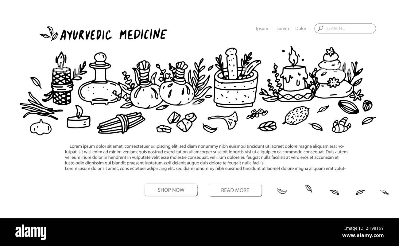 Ayurvedic medicine web page design template. Vector landing homepage with ayurvedic illustration elements in outline doodle minimalist style. Ayurvedi Stock Vector