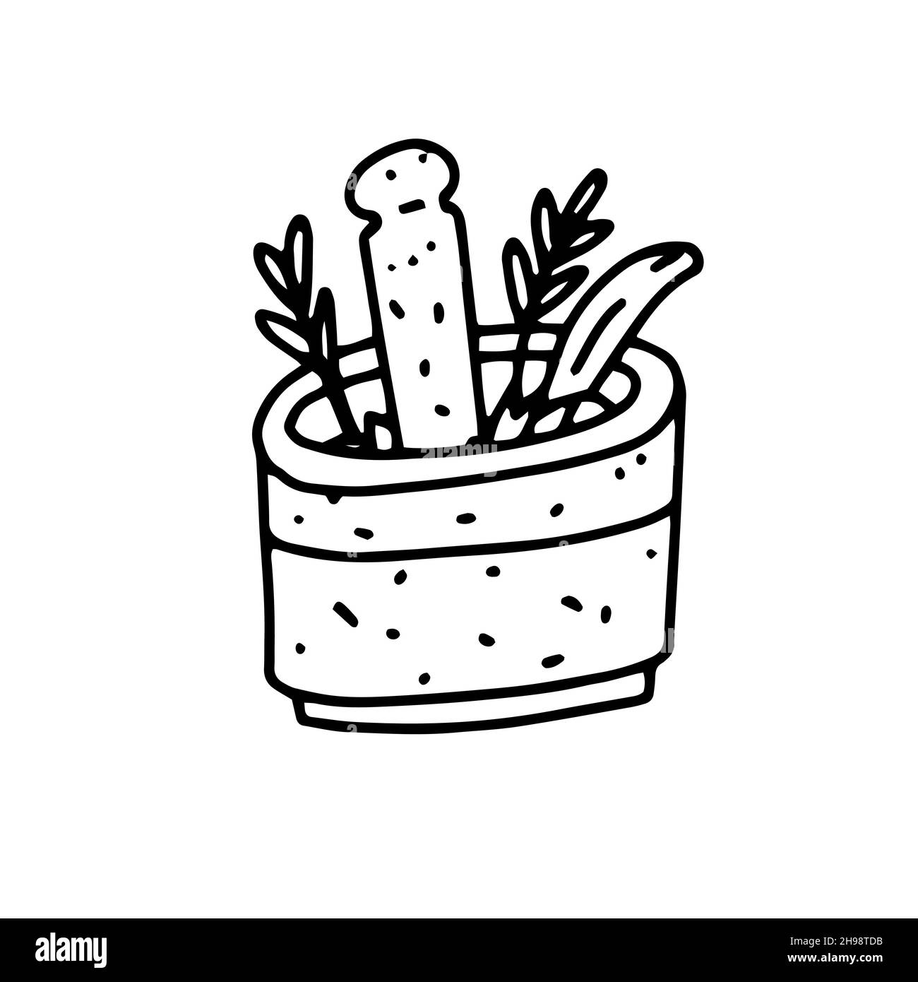 Mortar and pestle with medicine herbals in outline doodle style. Ayurveda logo in handdrawn doodle black and white style. Vector illustration Stock Vector