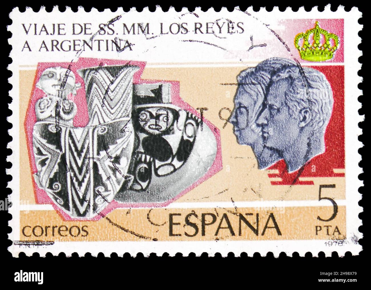 MOSCOW, RUSSIA - NOVEMBER 7, 2021: Postage stamp printed in Spain shows Royal Visit to Argentina, Trip of The Kings to Hispanoamerica serie, circa 197 Stock Photo