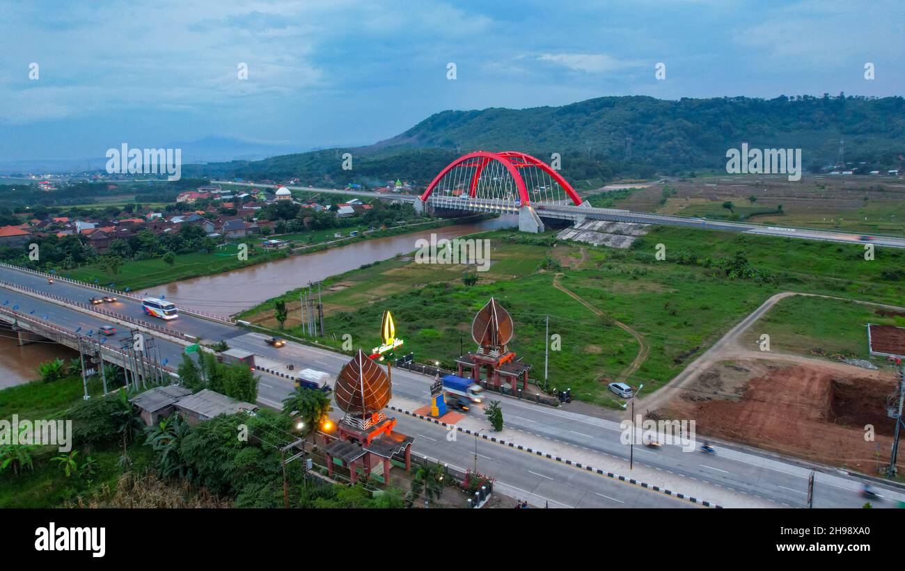 Aerial view of the Kalikuto Bridge, an Iconic Red Bridge at Trans Java ...