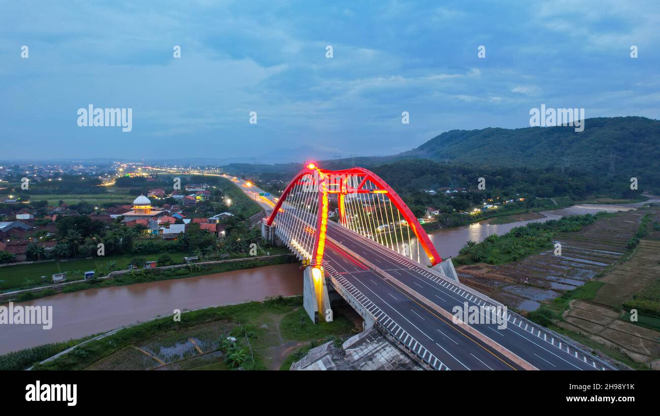 Aerial view of the Kalikuto Bridge, an Iconic Red Bridge at Trans Java ...