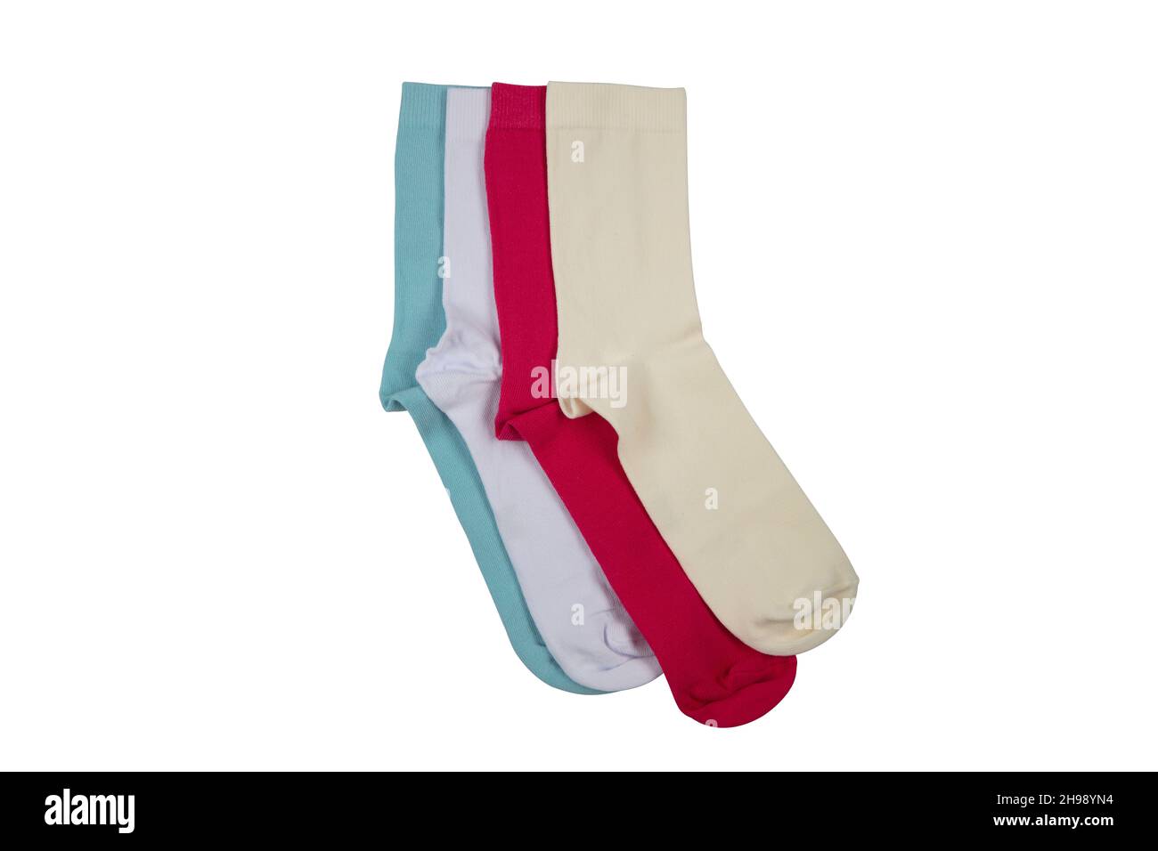Flat socks.Long sock, elastic colorful fabric and striped Xmas warm ankle or sport feet cotton or wool comfort clothes. Socks are scattered on a brigh Stock Photo