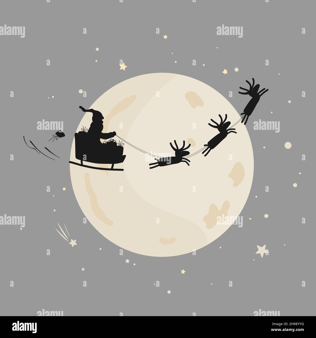 Santa Claus rides in a sleigh in harness on the reindeer in the full moon sky. Flying deer herd vector illustration isolated on white Stock Vector