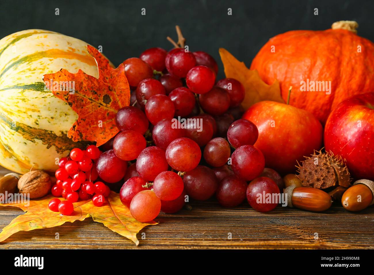 Different healthy food on wooden table. Harvest festival Stock Photo ...