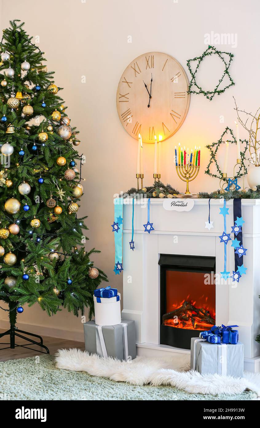 Stylish interior of room decorated for Hanukkah celebration Stock Photo