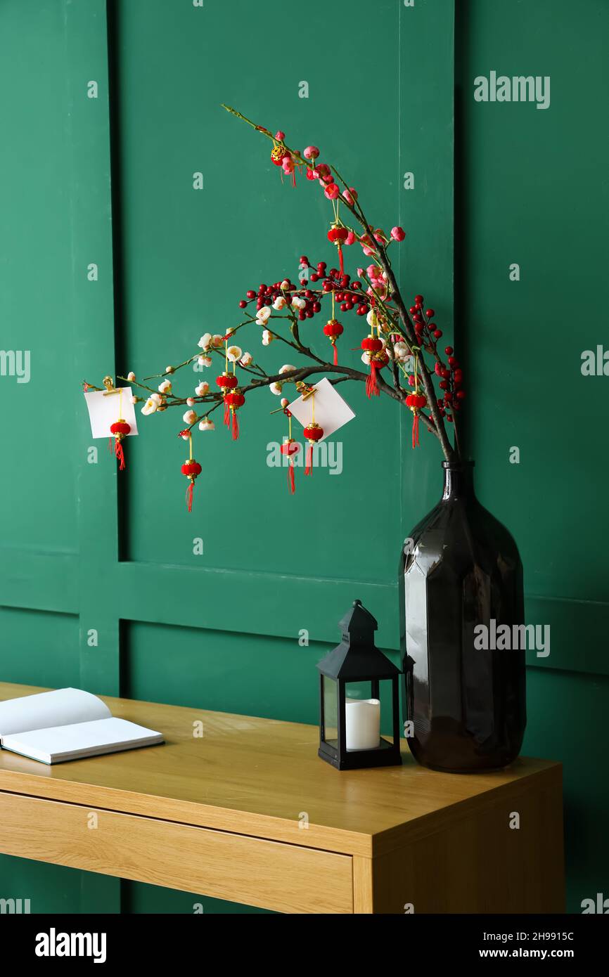 Table with beautiful decorations for Chinese New Year celebration in