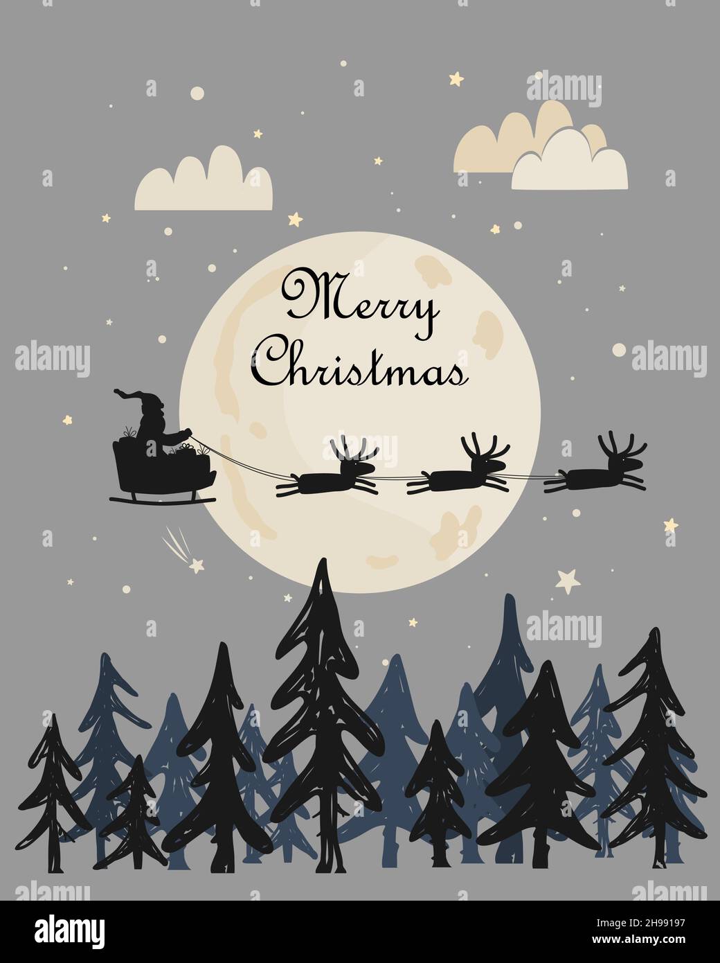 Santa and his deer herd flying through the night sky under the Christmas forest. Santa sleigh driving over wood near big moon in night, Xmas vector Stock Vector