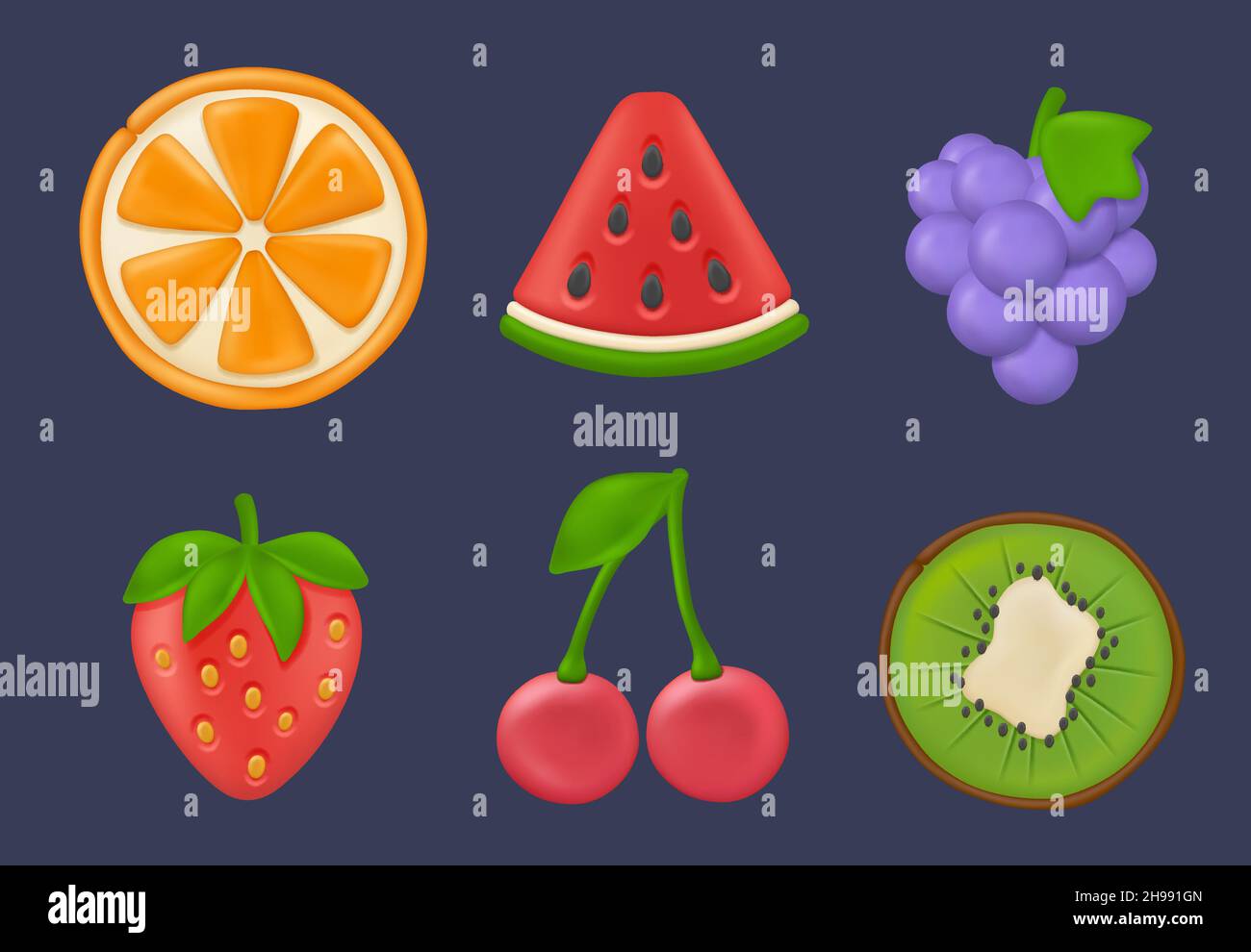 Plasticine fruits. Healthy stylized exotic fruits tropical plants