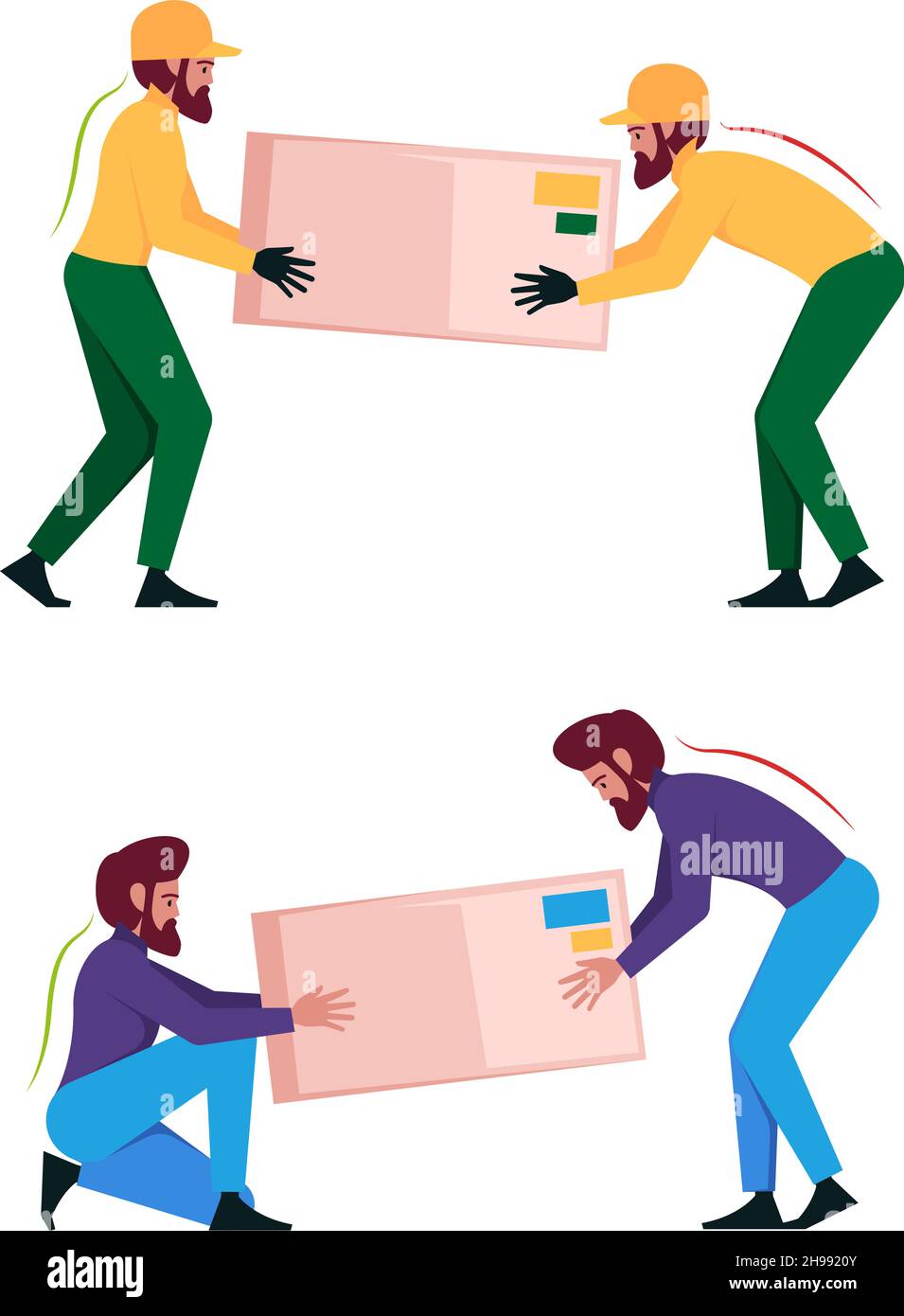 Heavy lifting. Workers demonstrating correct movement of heavy loading big packages garish vector ergonomic infographic illustrations Stock Vector