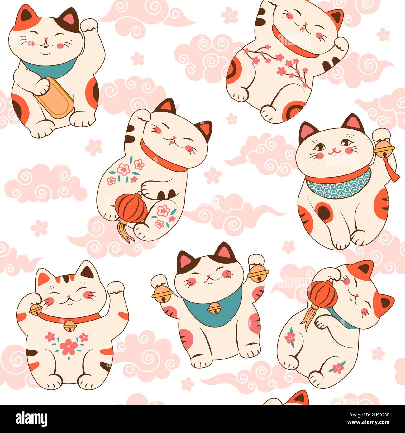 Asian cat pattern. Maneki neko character of fortune and lucky cheerful domestic animal recent vector seamless background Stock Vector