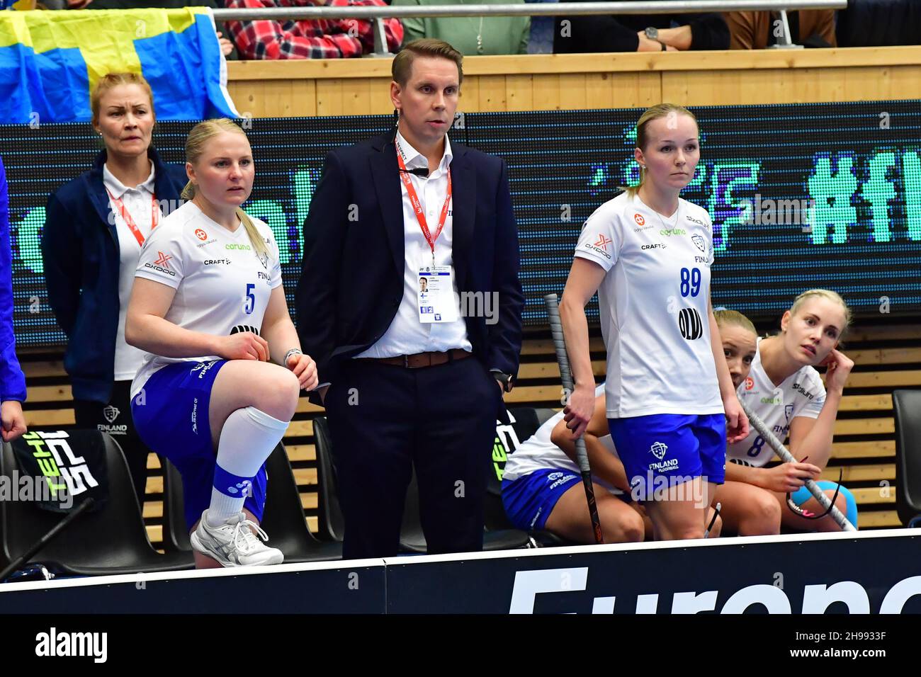 Finland's head coach Lasse Kurronen and players Silja Eskelinen (L) and Krista Nieminen during the final between Finland and Sweden at the Women's Wor Stock Photo