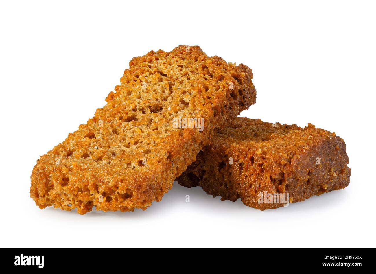 two rye croutons isolated on white background Stock Photo