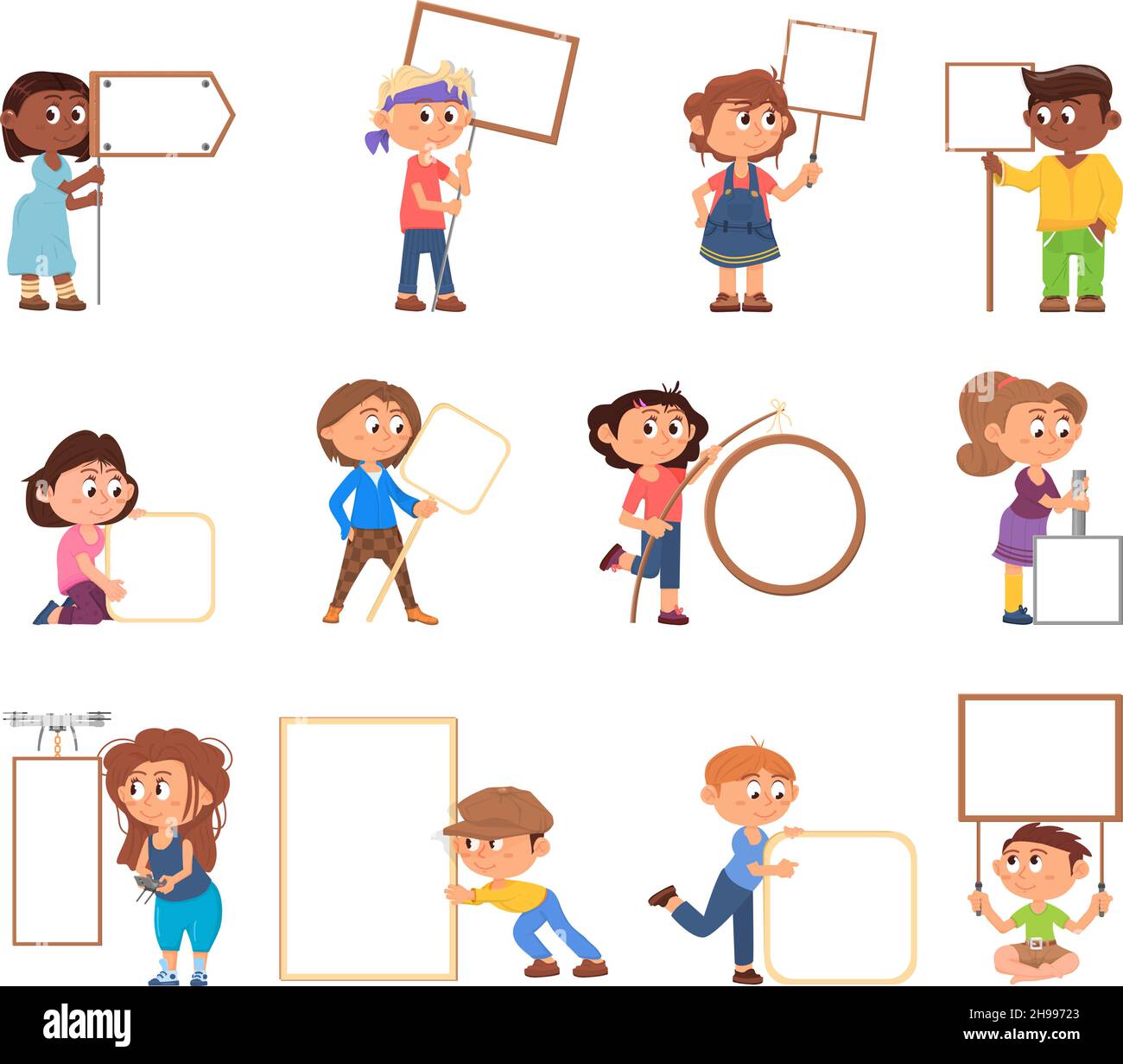 Kids holding banners. Kid hold signs, students with placards. Cute cartoon children and direction arrow, characters with blank posters decent vector Stock Vector