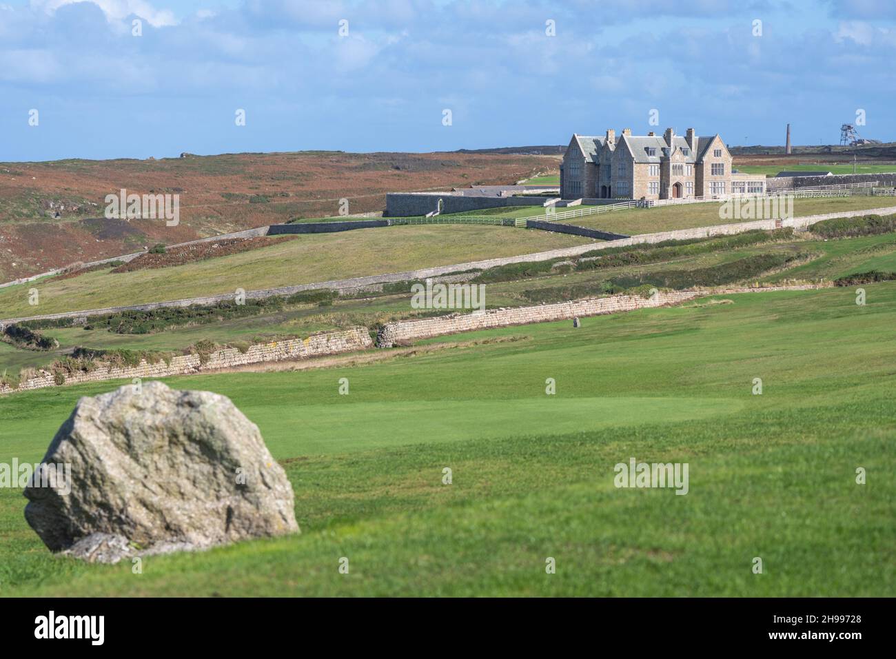 A house at Cape Cornwall with commanding views of the local golf course Stock Photo