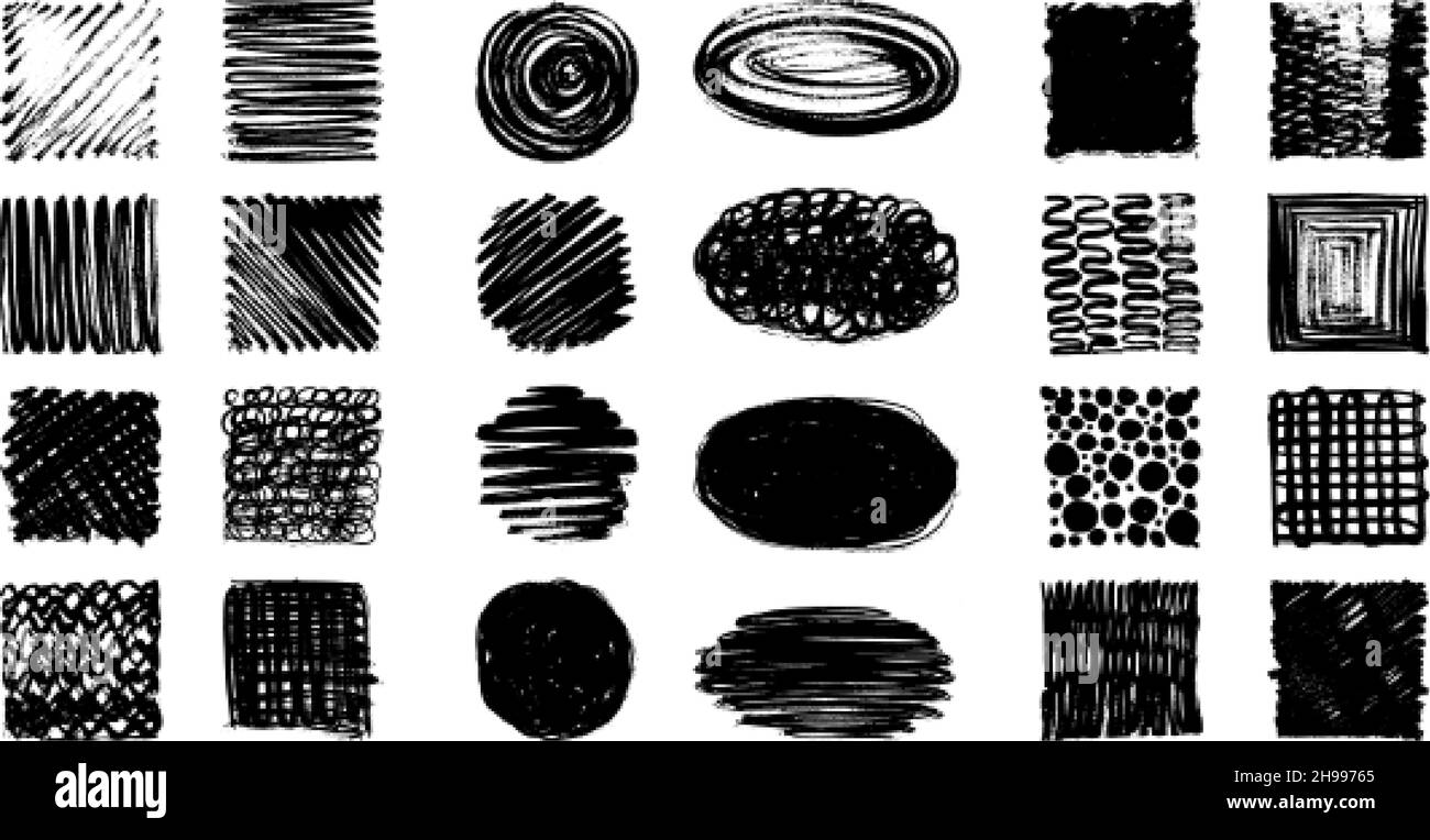 Sketch hatching set. Brush sketches, black grunge shapes for design. Pencil, pen or chalk basic crosshatch textures. Isolated charcoal scrawl swanky Stock Vector