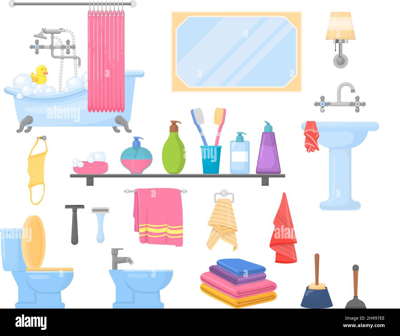 Bathroom elements. Bath sink, cartoon toothbrush and hygiene objects ...