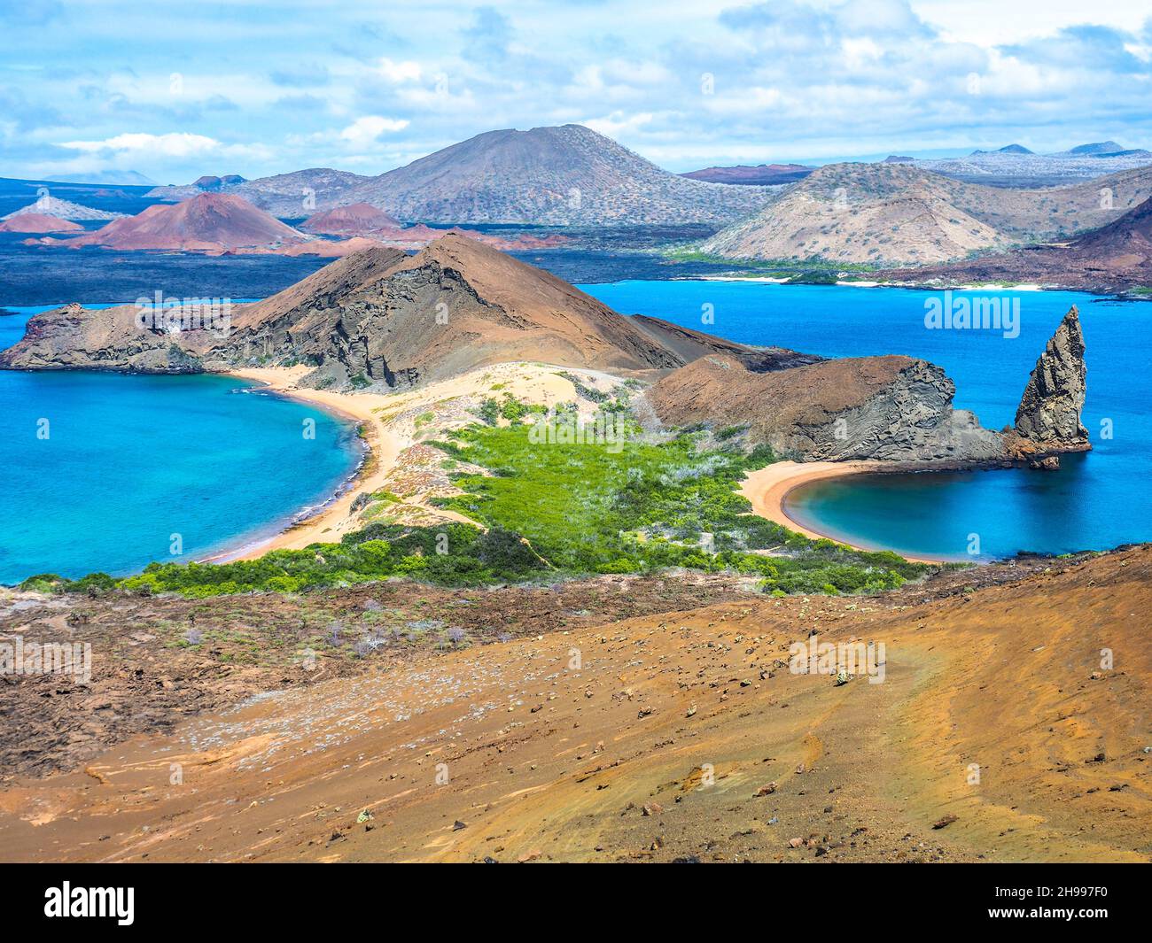 View of two beaches on Bartolome Island in the Galapagos Islands in Ecuador Stock Photo