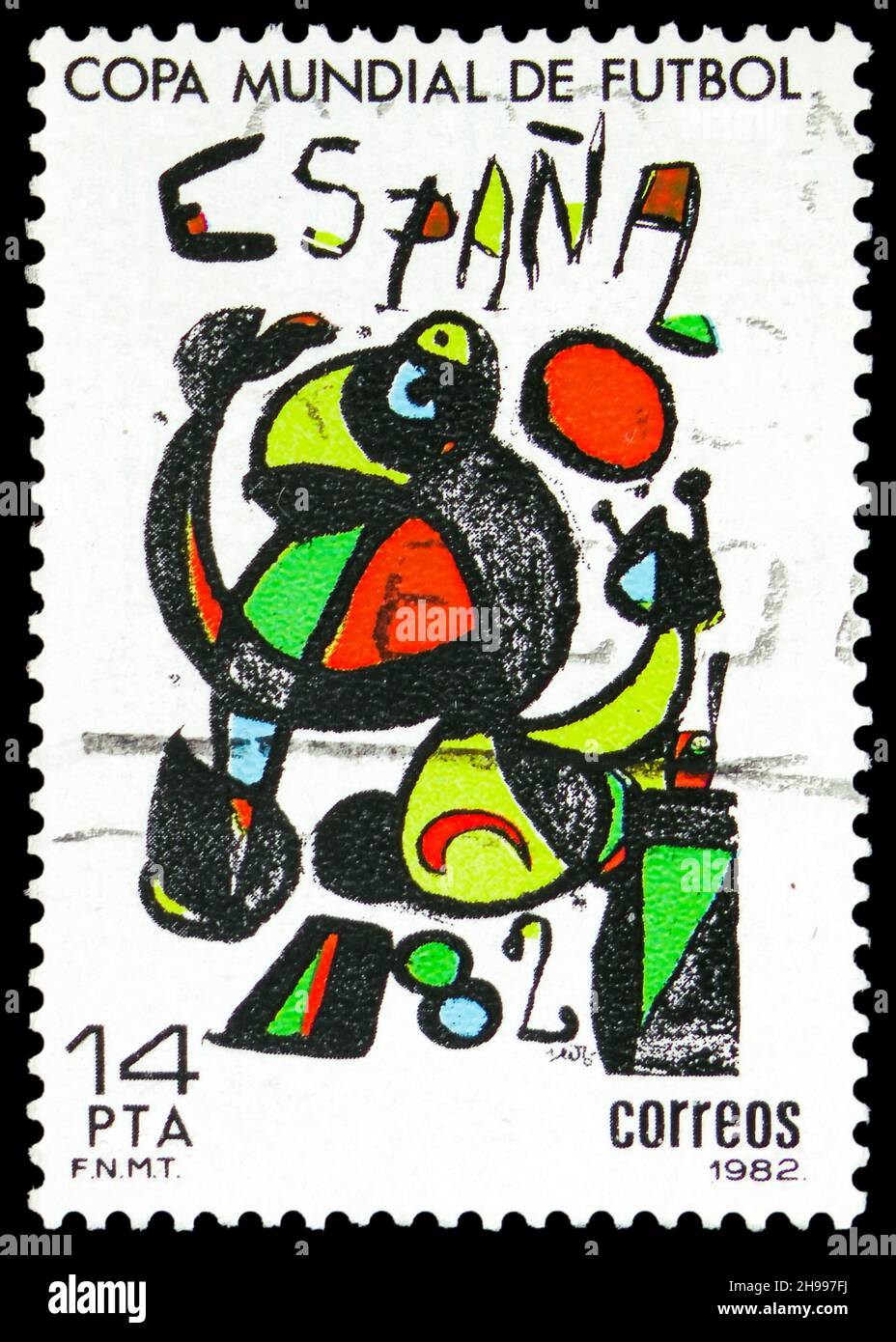 MOSCOW, RUSSIA - NOVEMBER 7, 2021: Postage stamp printed in Spain shows Brightly coloured poster by Joan Miro, Football World Cup Spain -82, serie, ci Stock Photo