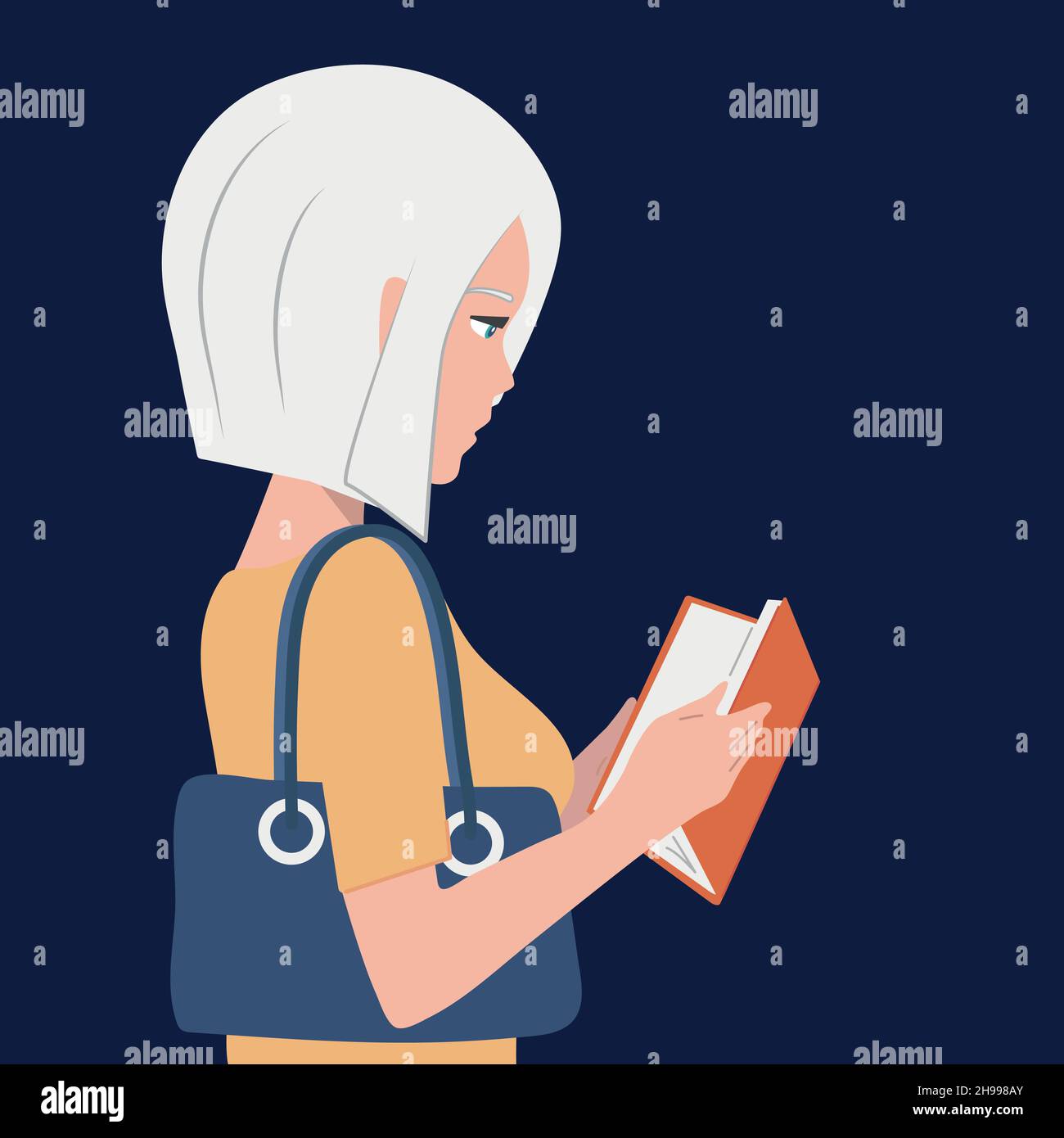 The blonde girl reads an interesting book. Dark blue background, vector flat. Stock Vector