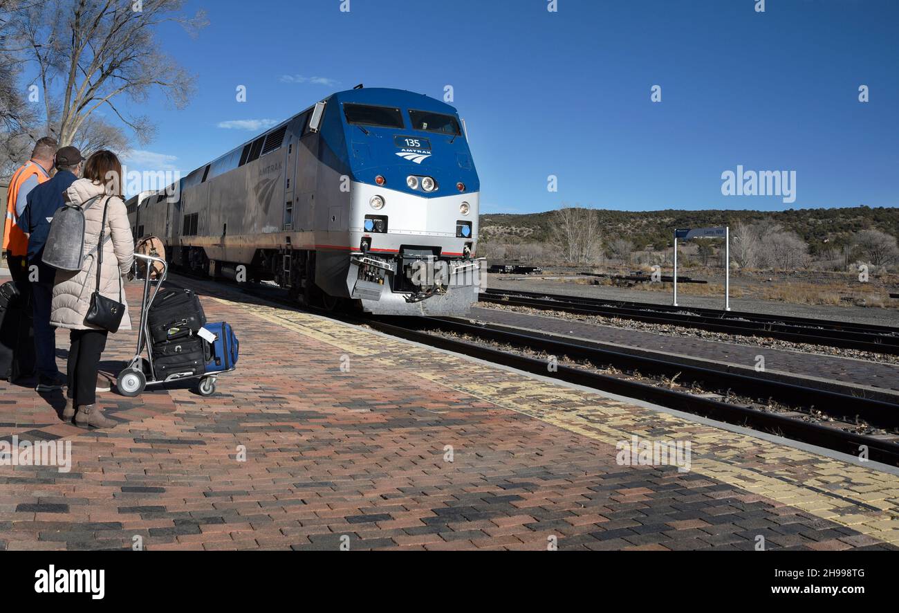 Train passengers at Lamy, New Mexico, prepare to board the Southwest