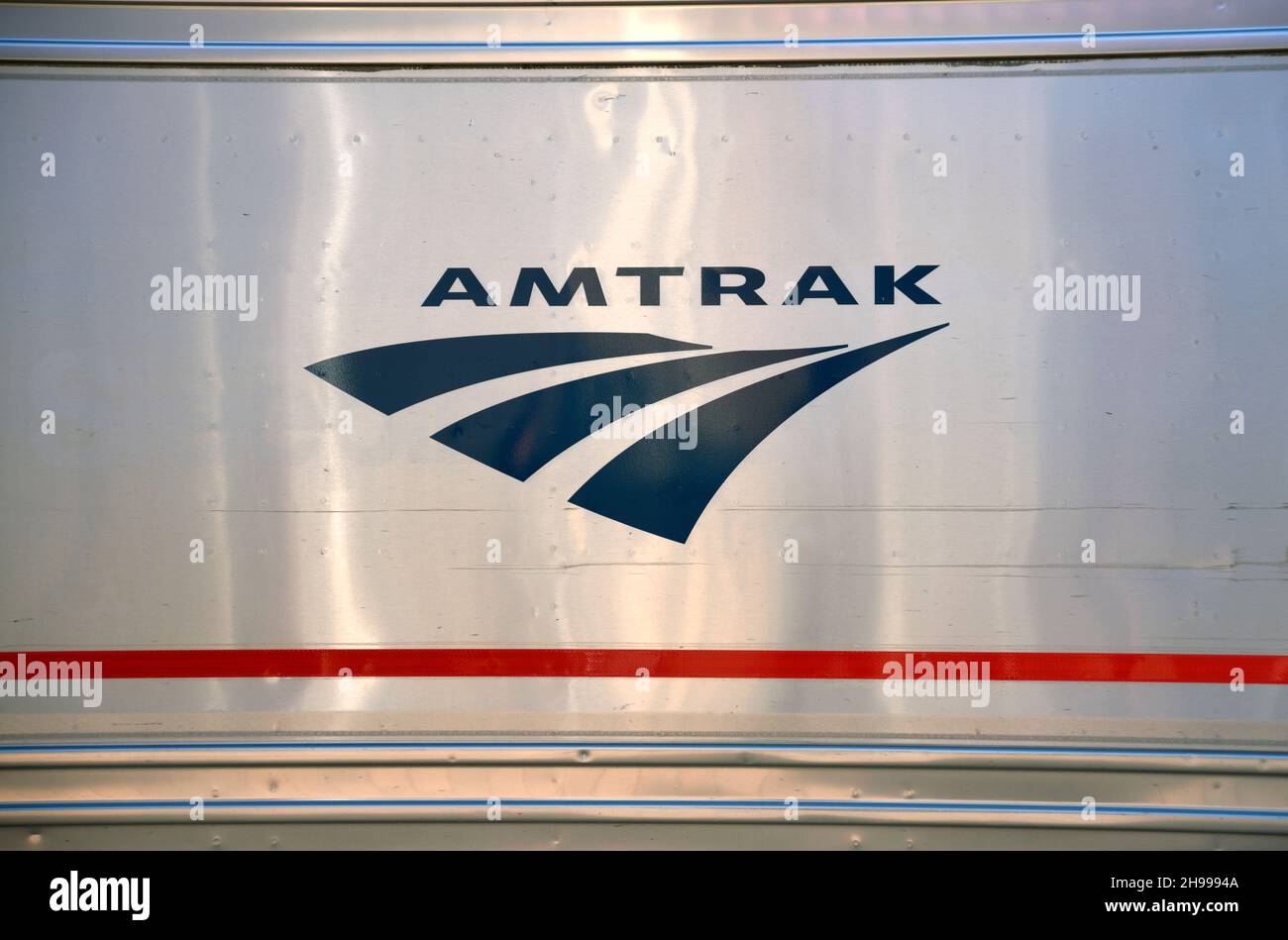 An Amtrak train stops to pick up passengers in Lamy, New Mexico. Stock Photo