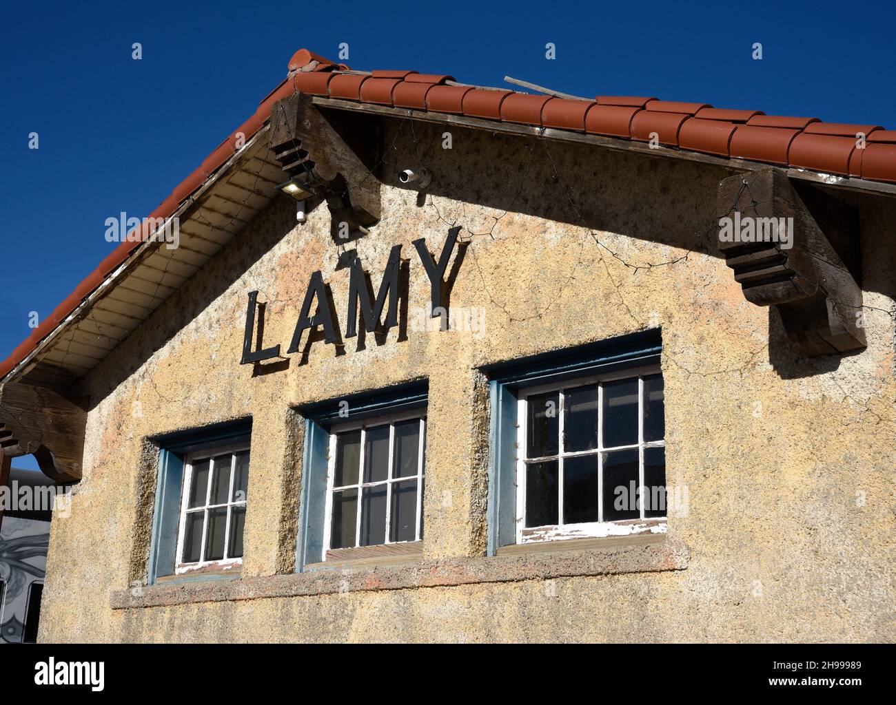 The Lamy train station in Lamy, New Mexico, was built in 1909. The station is a daily stop for the Southwest Chief passenger train operated by Amtrak Stock Photo