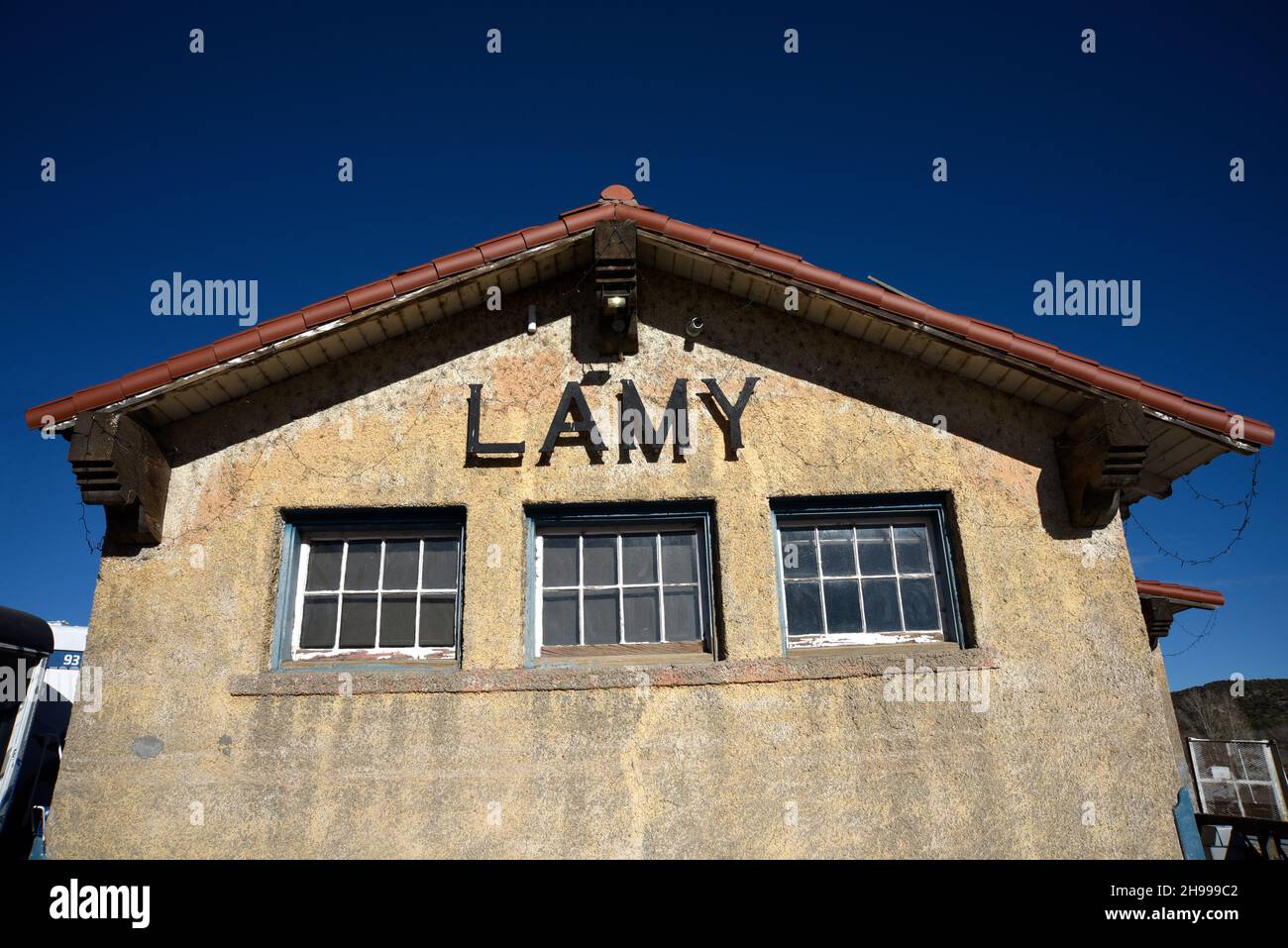 The Lamy train station in Lamy, New Mexico, was built in 1909. The station is a daily stop for the Southwest Chief passenger train operated by Amtrak Stock Photo