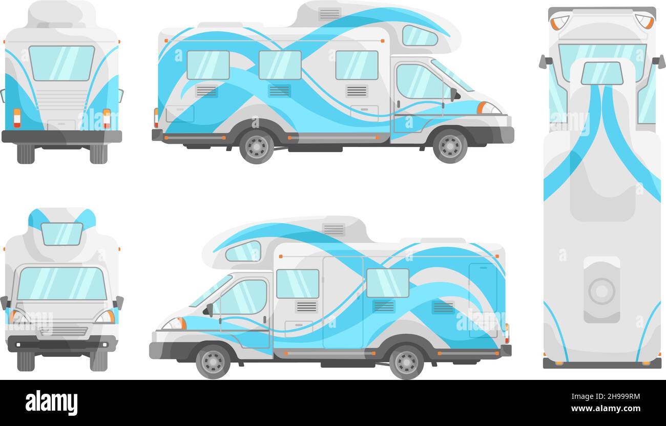 Motorhome mockup. Rv vehicle branding, caravan camper van, recreational  travel trailer, bus design template, view left right front back top side,  isolated decent vector illustration Stock Vector Image & Art - Alamy