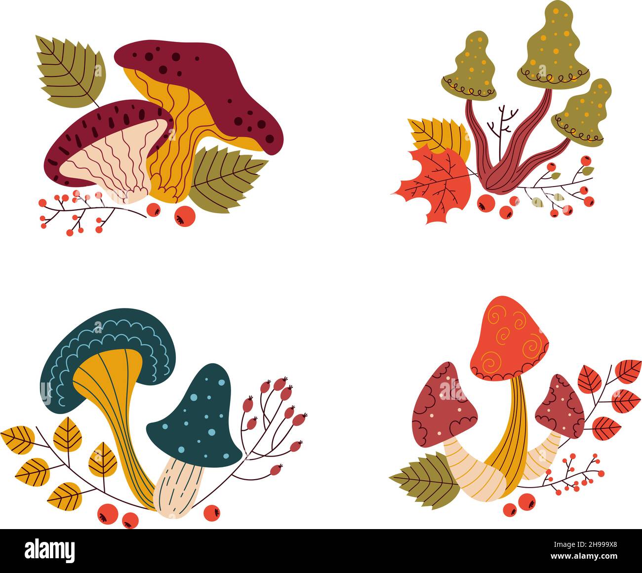 Mushrooms compositions. Cartoon forest funguses with twigs, berries and leaves. Organic diet vegetable products. Autumn harvest. Poisonous or edible p Stock Vector