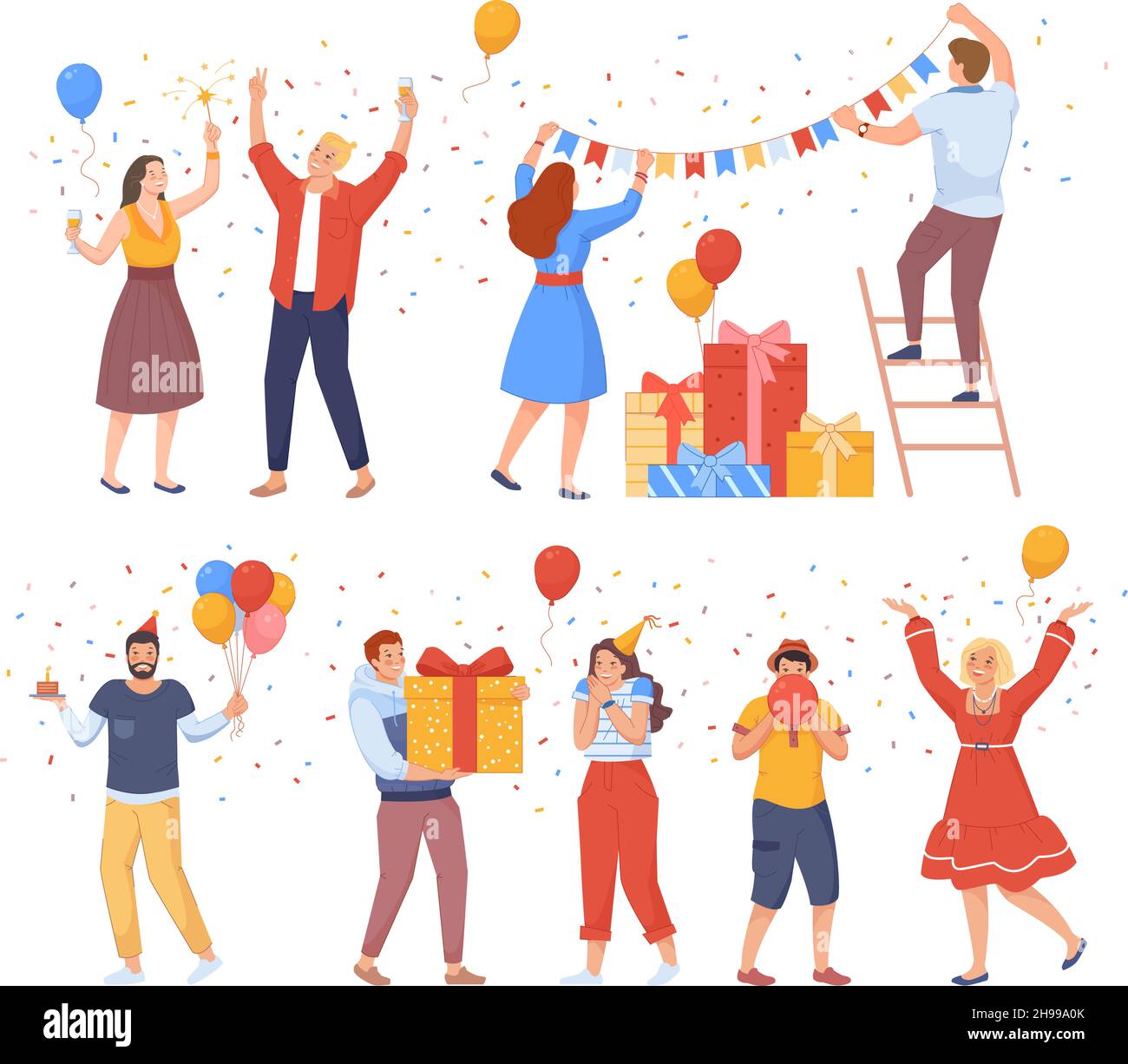 People prepare to birthday. Celebrate holiday party with garlands