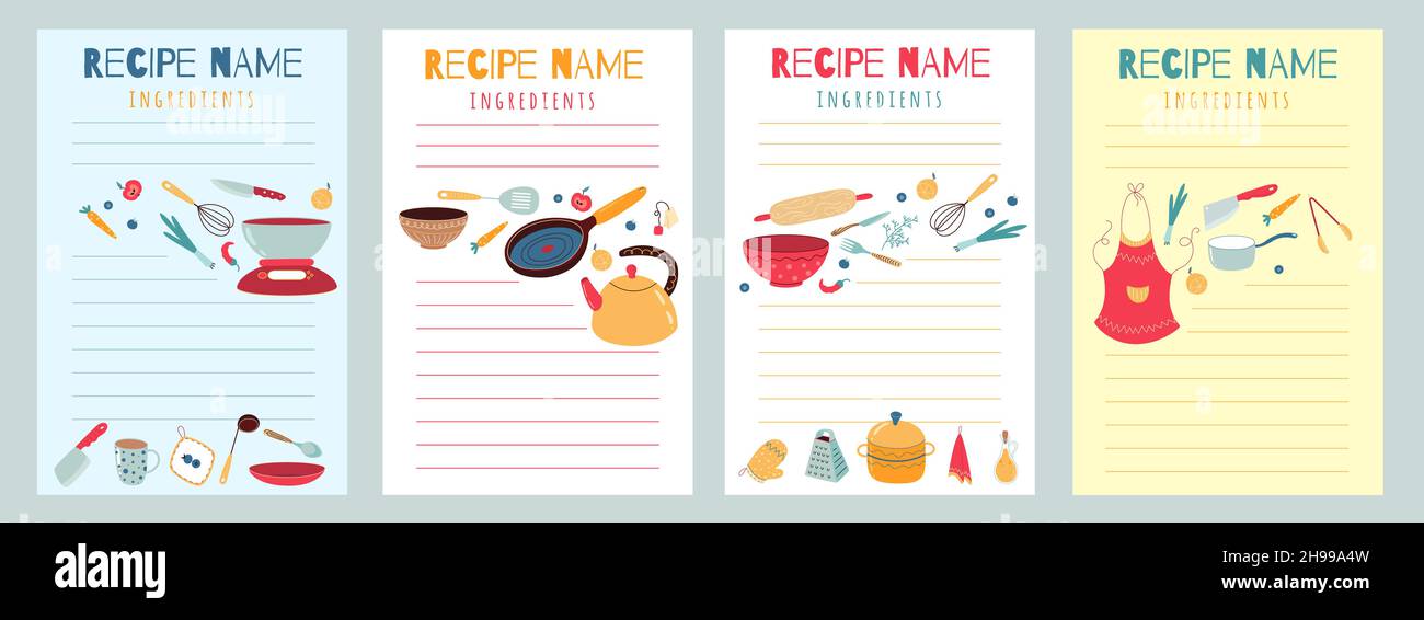 Recipe cards. Culinary book blank pages. Cookbook stickers, cute home By  Microvector