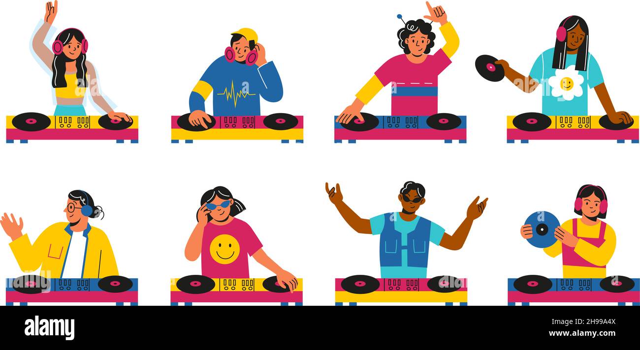 DJ characters with turntables. Happy people bring together electronic music tracks in real time. Men and women play on musical controller with vinyl r Stock Vector