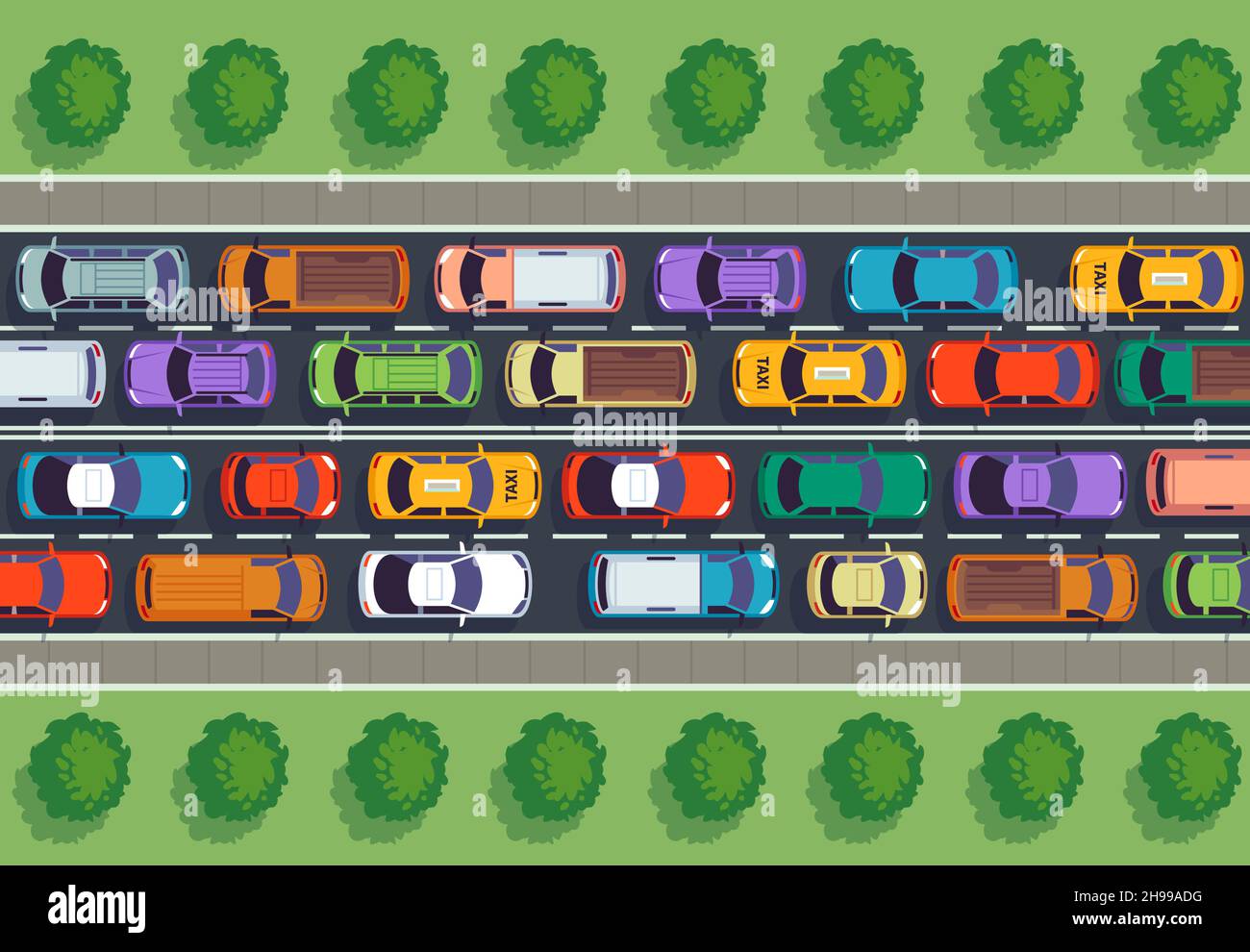 Traffic jam top view. Many cars on highway, different vehicles from above. Auto vector
