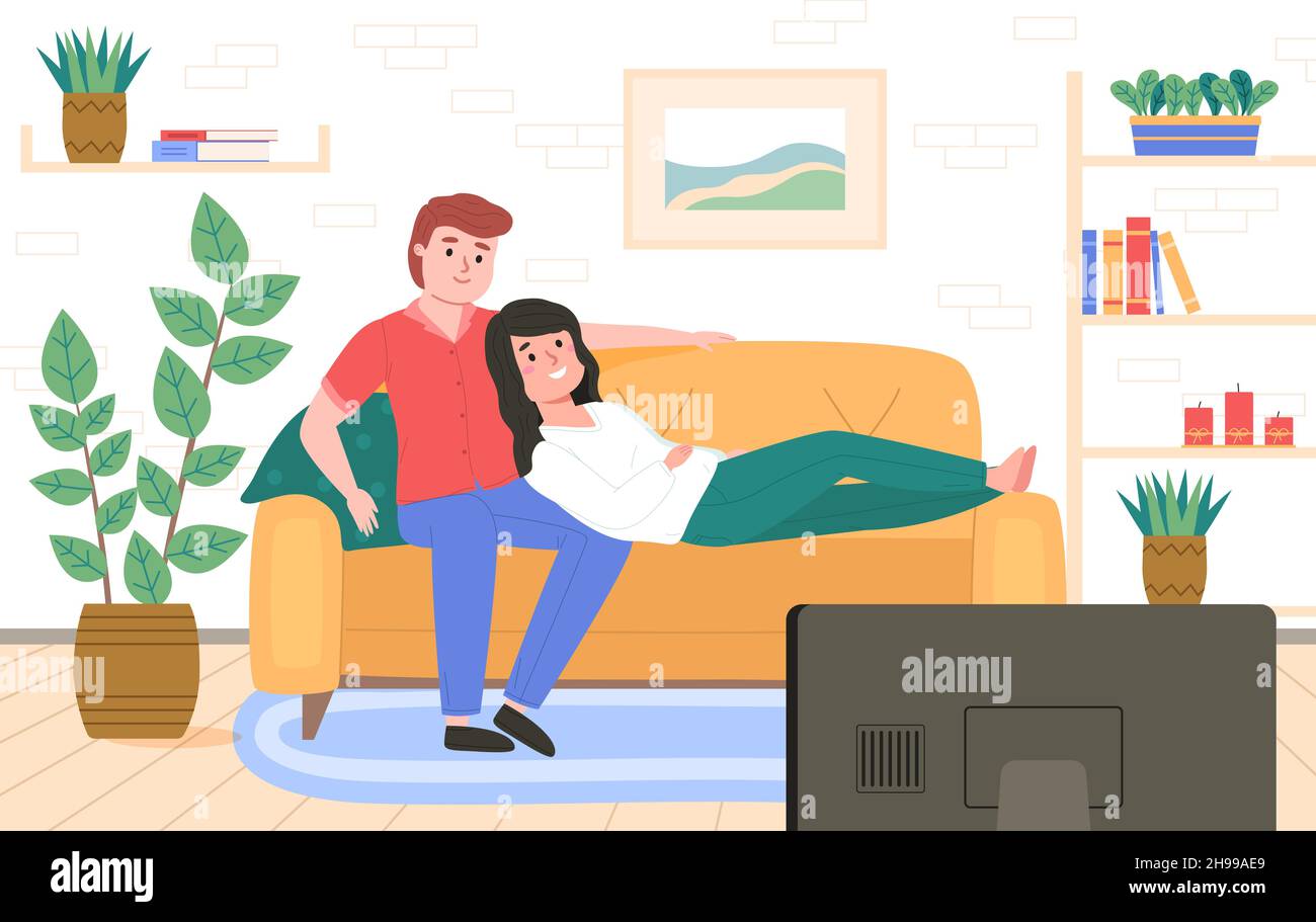 Couple on sofa. Guy with girl watching movie together in room interior. People looking at TV. Wife and husband sitting in embrace. Cozy home relax Stock Vector