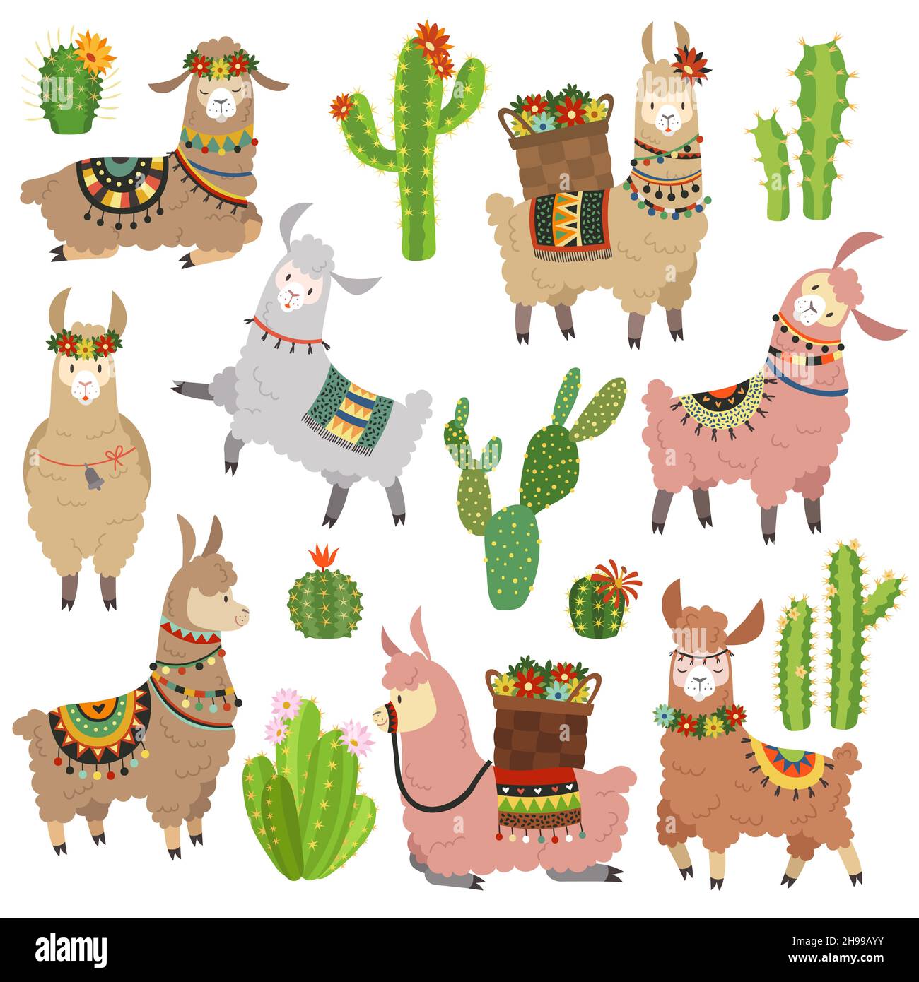 Llama cactus. Chile llamas alpaca and cacti wild lama. Peru camel, girl scrapbook kids funny elements cartoon vector set Stock Vector
