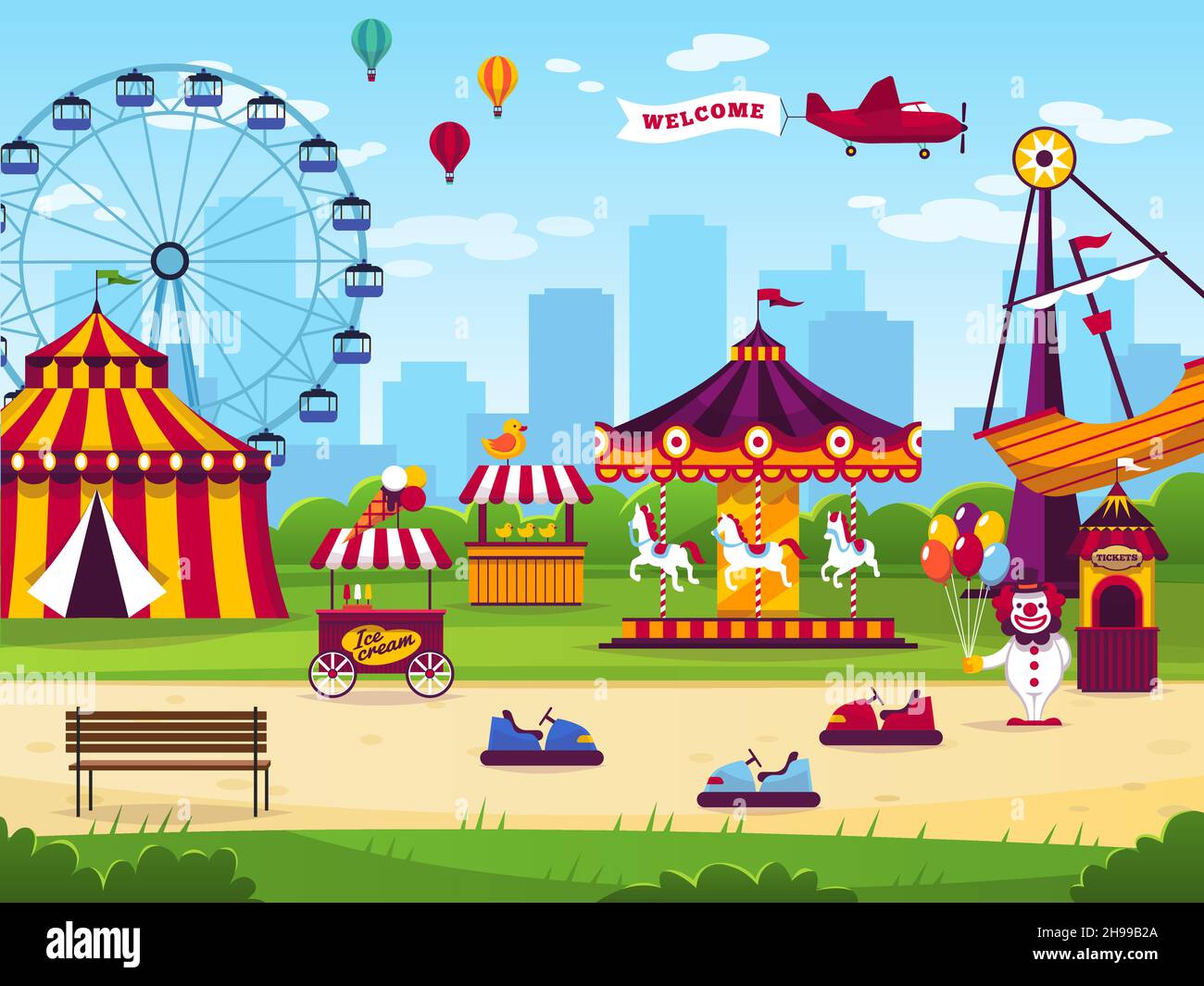 Amusement park. Attractions entertainment joyful amuse carnival fun circus carousel game funfair landscape background Stock Vector