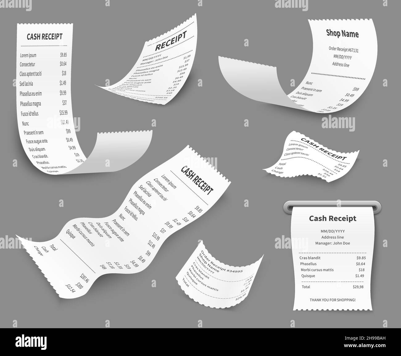 Paper receipts. Receipt print amount bill, budget buy choice cost check, cash retail document, pay price purchase set Stock Vector
