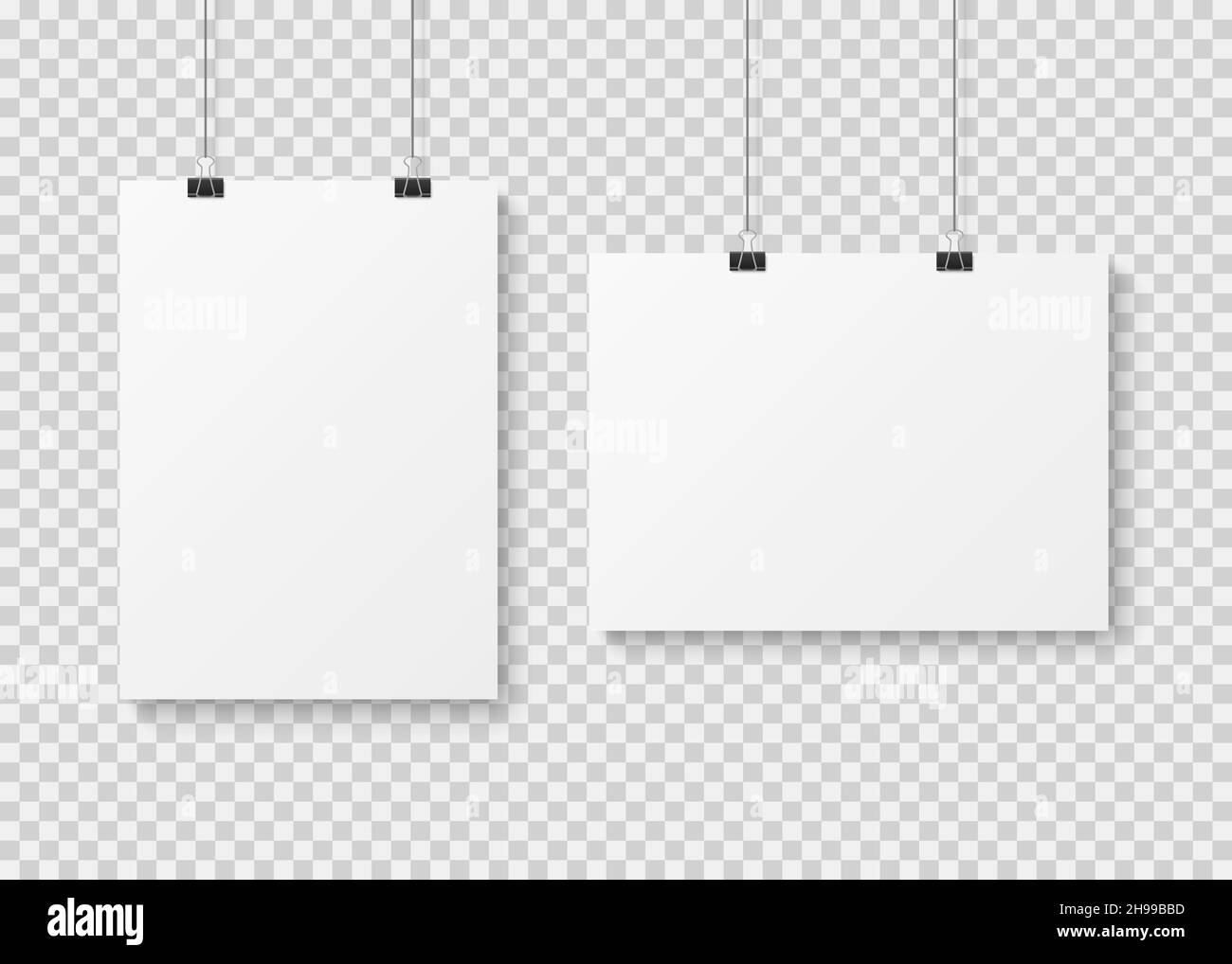 White blank poster template. Presentation wall paper posters, photo canvas clean advertising hanging banner mockup Stock Vector
