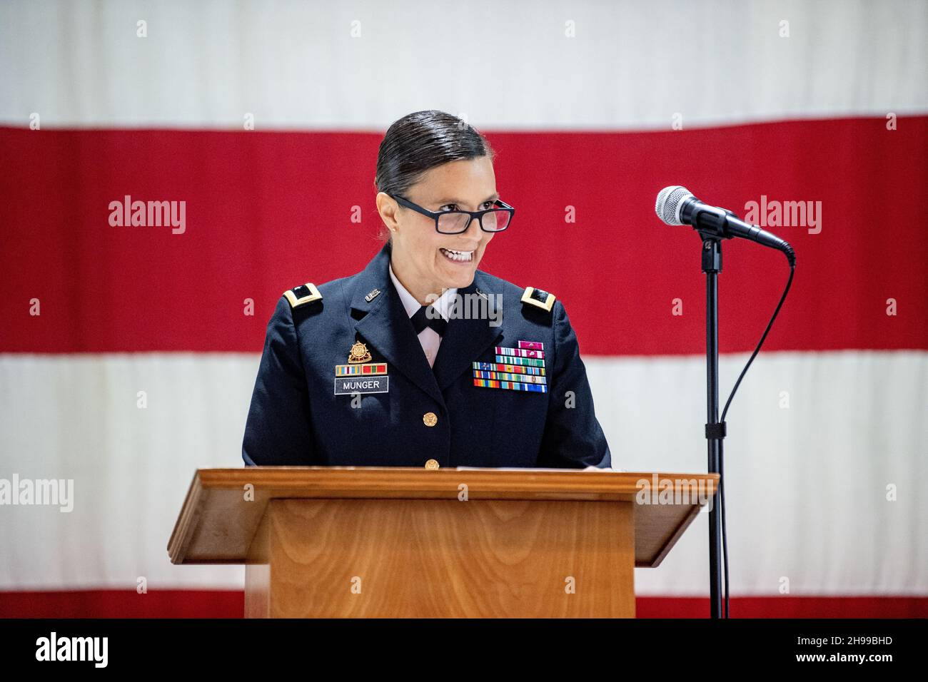 Charleston, United States. 02 December, 2021. West Virginia National Guard Col. Michaelle M. Munger addresses troops after her promotion to the rank of Brigadier General during a ceremony at Joint Forces Headquarters, December 2, 2021 in Charleston, West Virginia. Munger became the first female general officer in the history of the West Virginia Army National Guard.  Credit: Edwin L. Wriston/DOD/Alamy Live News Stock Photo