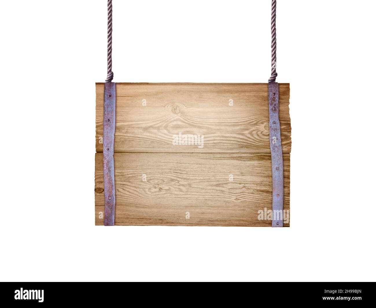 Wooden sign board hanging on ropes isolated on white. Dark rectangular billboard made of weathered planks and decorated with forged metal stripes. Stock Photo