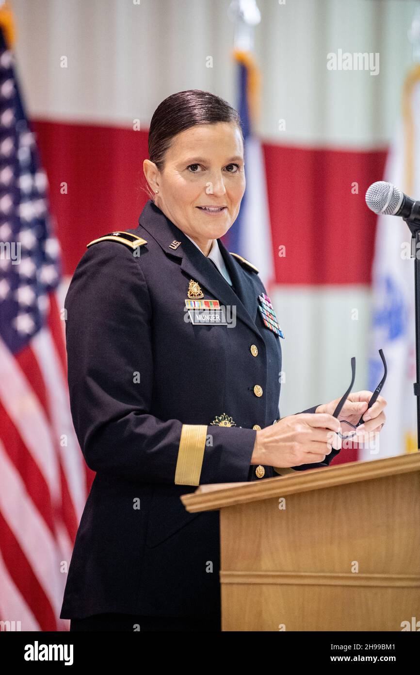 Charleston, United States. 02 December, 2021. West Virginia National Guard Col. Michaelle M. Munger addresses troops after her promotion to the rank of Brigadier General during a ceremony at Joint Forces Headquarters, December 2, 2021 in Charleston, West Virginia. Munger became the first female general officer in the history of the West Virginia Army National Guard.  Credit: Edwin L. Wriston/DOD/Alamy Live News Stock Photo