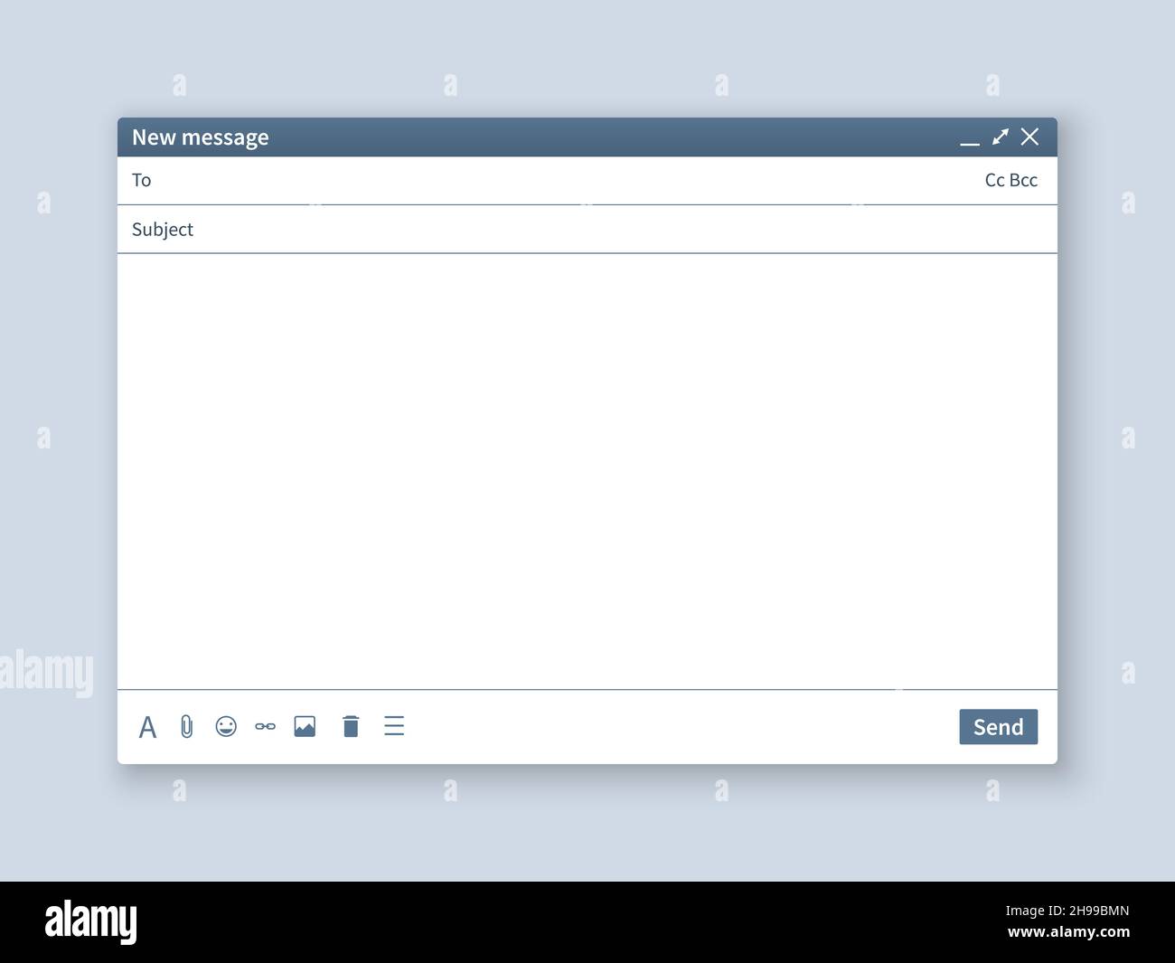 Blank email screen. Mail message interface blank mockup window