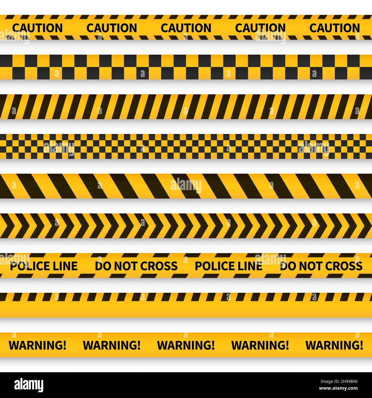 Police tape. Yellow taped barricade warning danger police stripes crime safety line attention border barrier, flat set Stock Vector