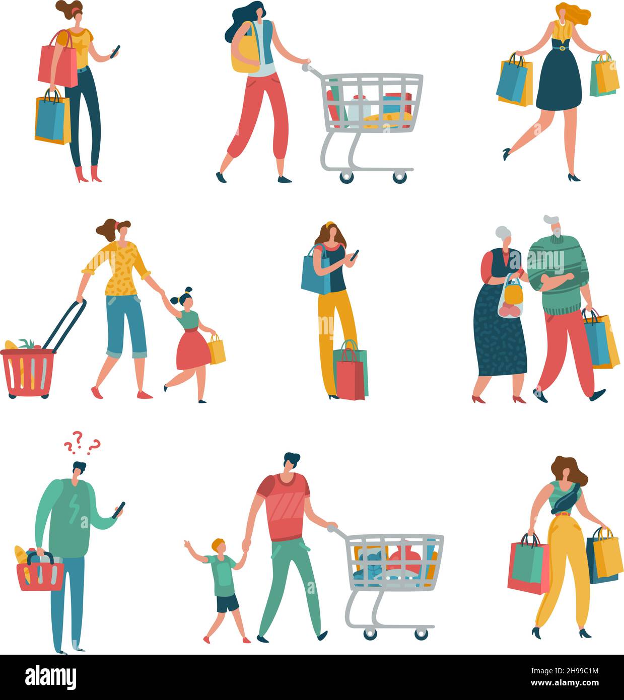 Shopping people. Persons shop family basket cart consume retail purchase store shopaholic mall supermarket shopper flat Stock Vector