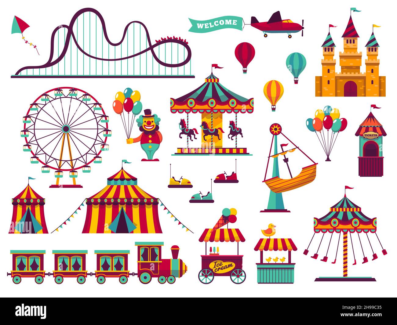 Amusement park attractions set. Carnival amuse kids carousels games fairground attraction play rollercoaster Stock Vector