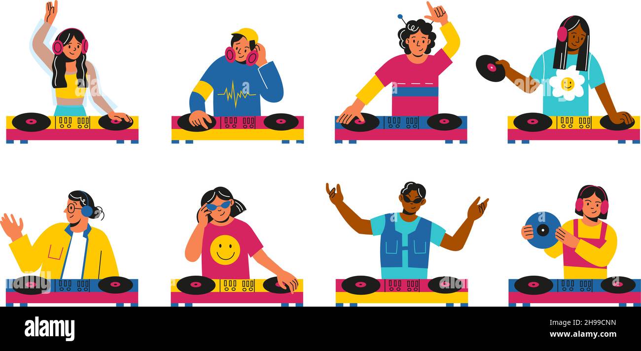DJ characters with turntables. People bring together electronic music tracks in real time. Men and women play on musical controller with vinyl records Stock Vector