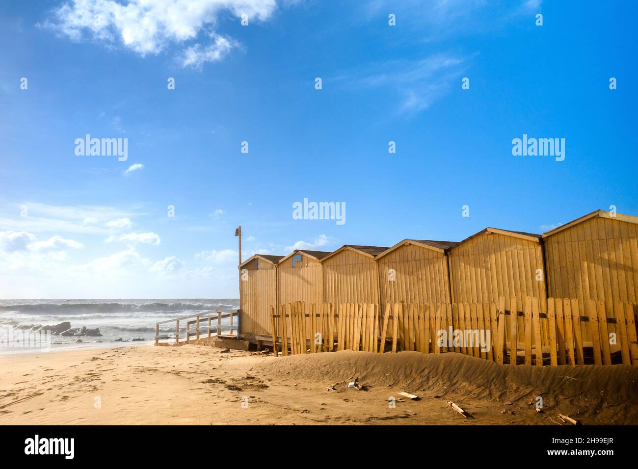 Beach cabin on the Tyrrhenian Sea - Ostia lido, Rome, Italy Stock Photo
